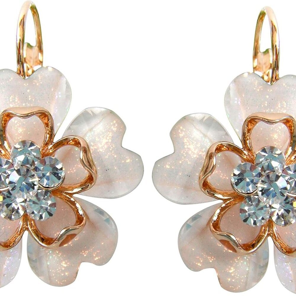 18k Gold Plated White Crystal Acetate Blooming Flowers Leverback Earrings